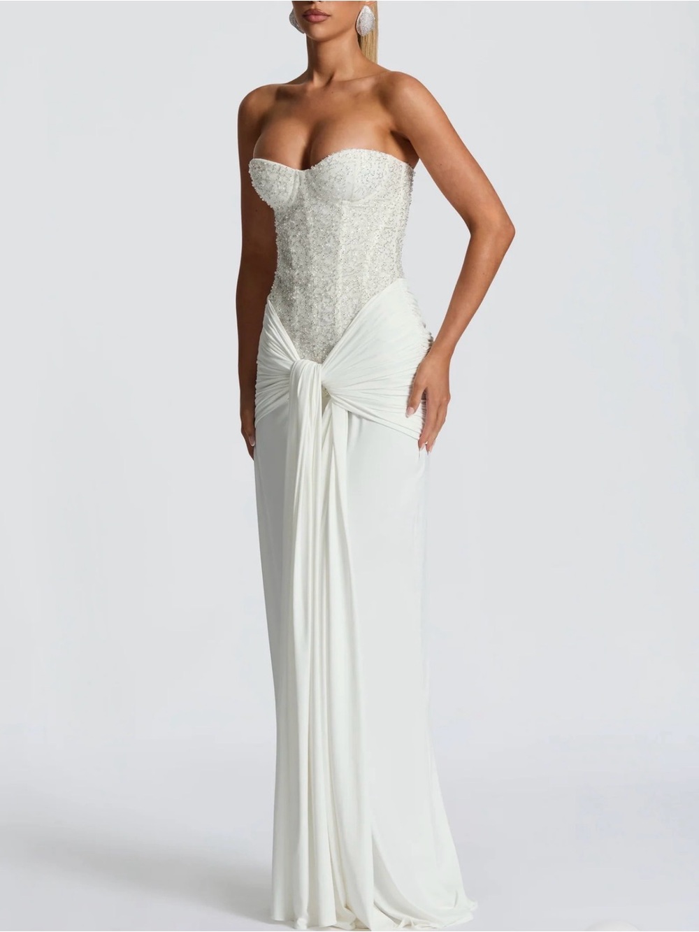 Beaded Strapless White Wedding Gown with Draped Waist Carina Maxi gown Babyboo